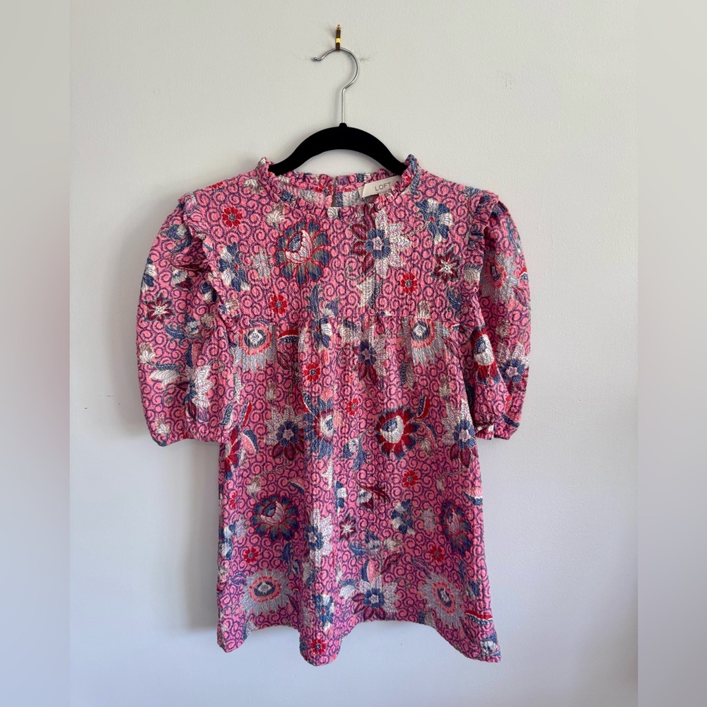 LOFT Pink and Blue Floral Smocked Top